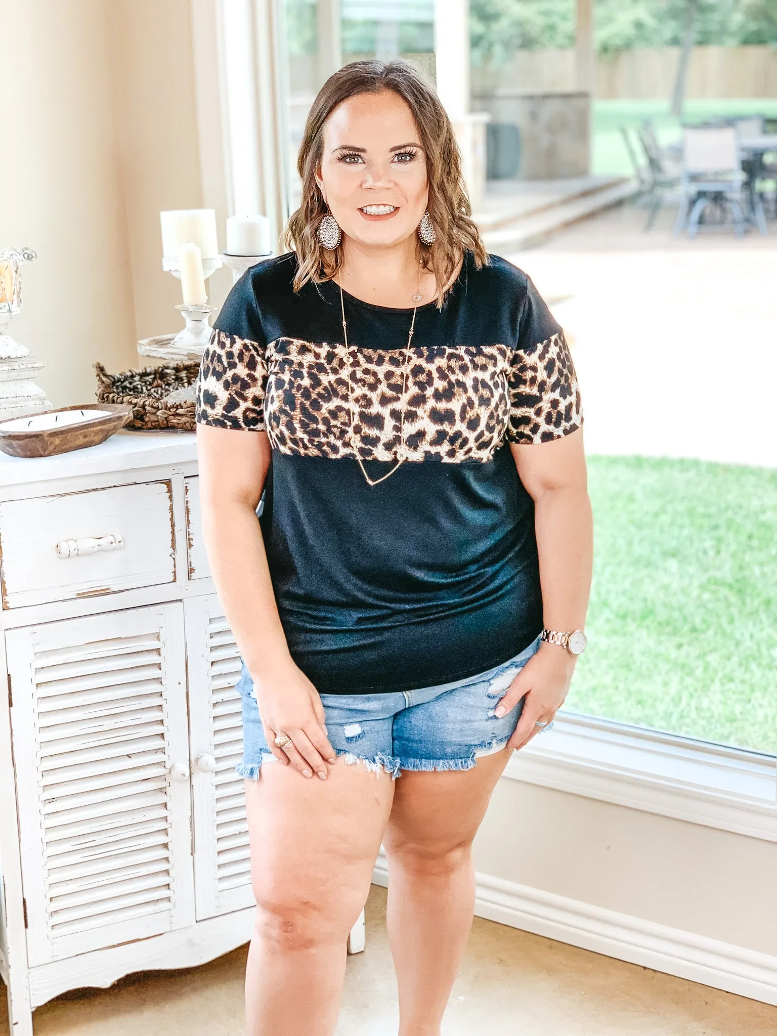 Last Chance Size Small | Always the Same Thing Short Sleeve Top with Leopard Accents in Black