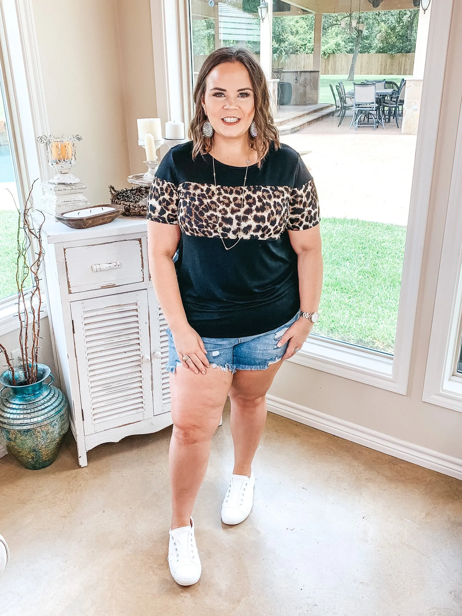 Last Chance Size Small | Always the Same Thing Short Sleeve Top with Leopard Accents in Black