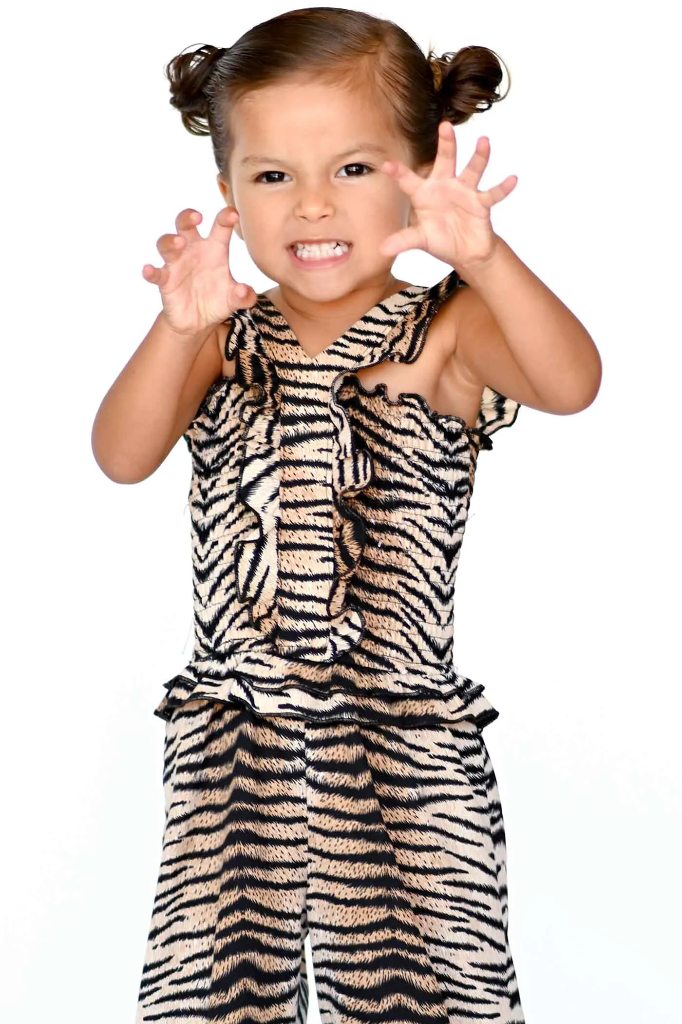 Little Girls Tiger Print Smocked Top Jumpsuit