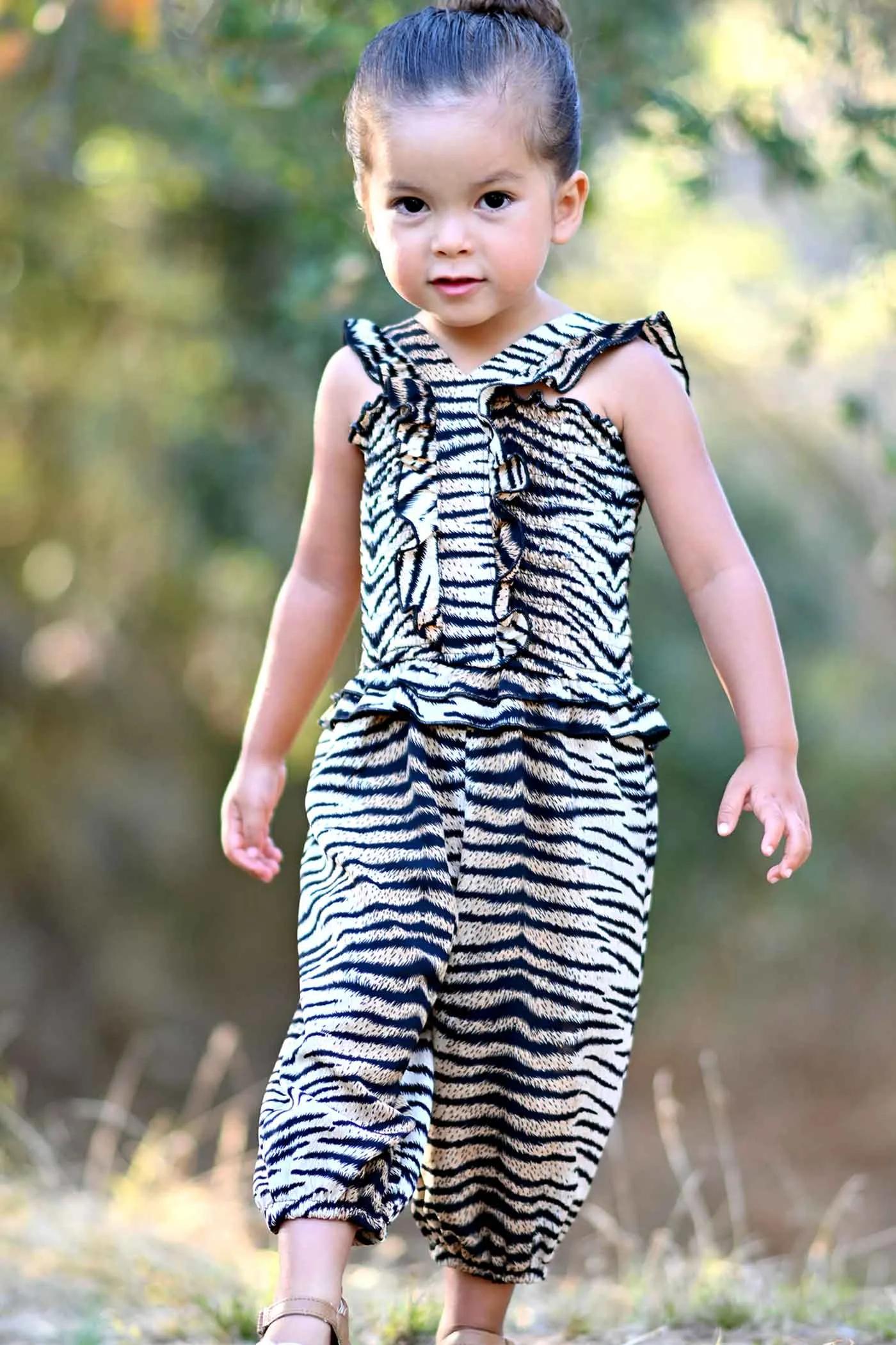 Little Girls Tiger Print Smocked Top Jumpsuit