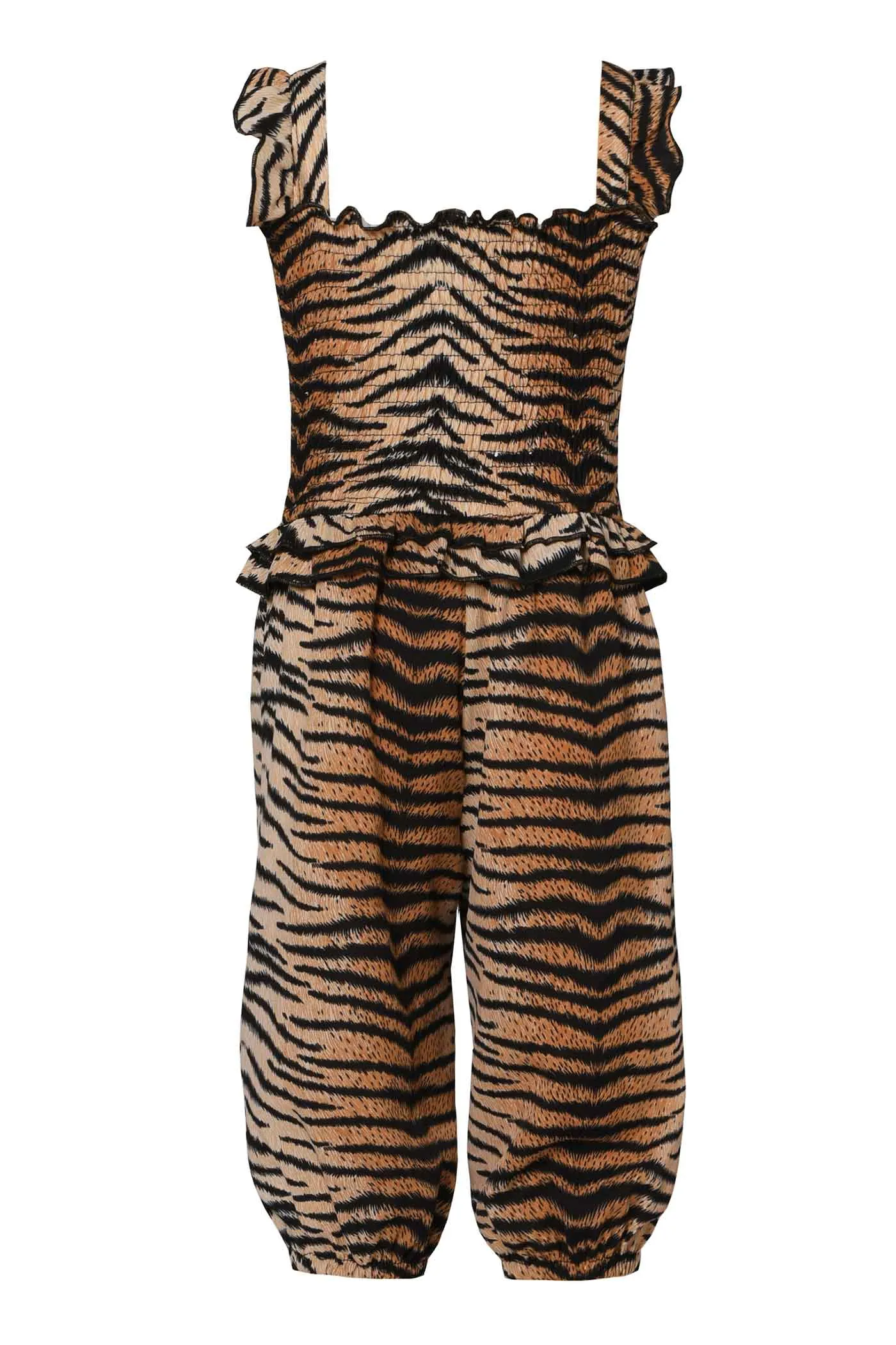 Little Girls Tiger Print Smocked Top Jumpsuit