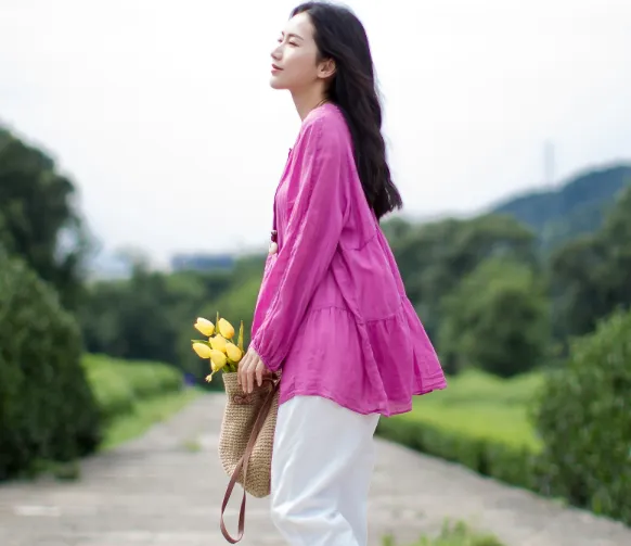 Loose Fit Pink women summer linen tops Women Ramie Shirts