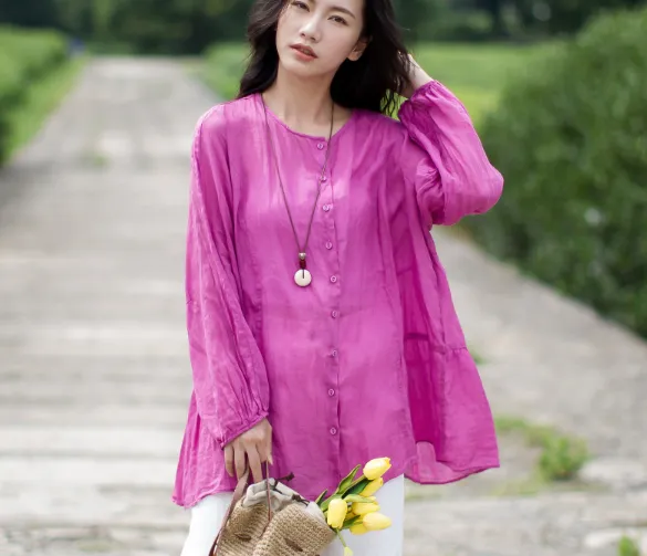 Loose Fit Pink women summer linen tops Women Ramie Shirts