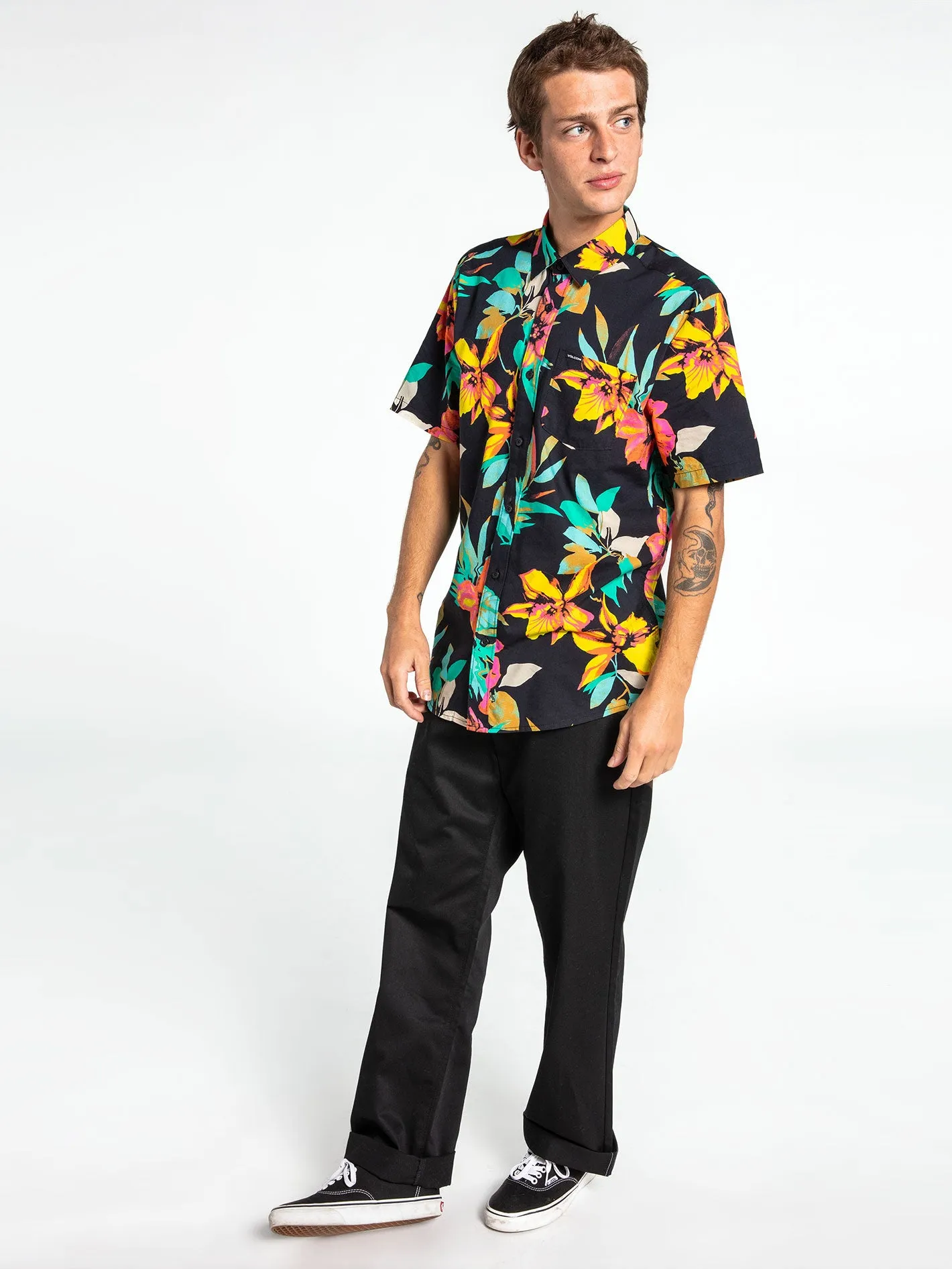 Marble Floral Short Sleeve Shirt - Black