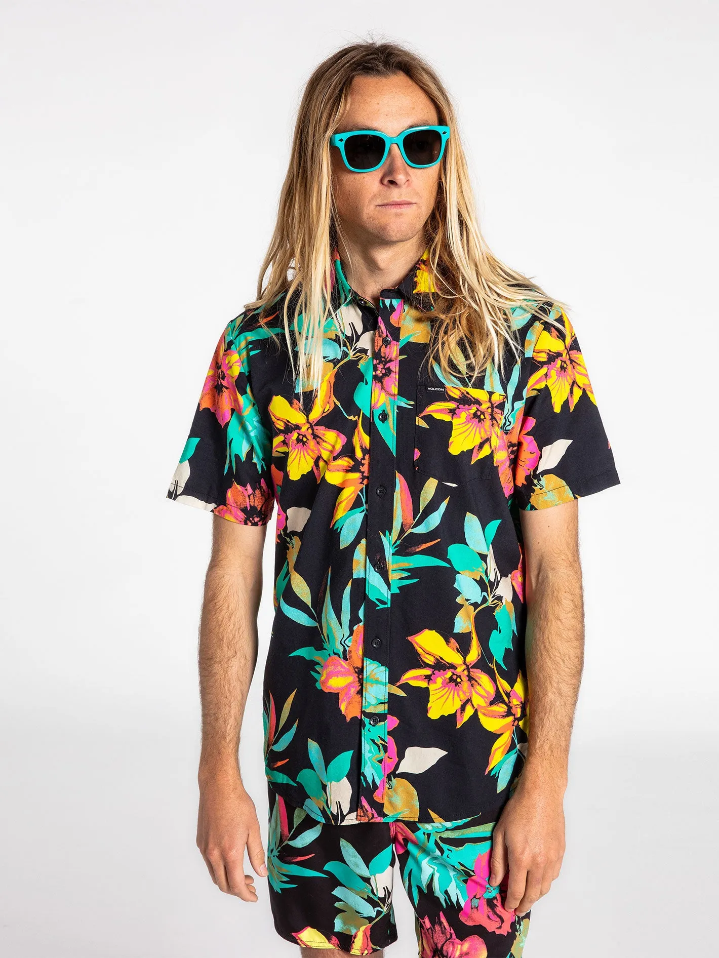 Marble Floral Short Sleeve Shirt - Black