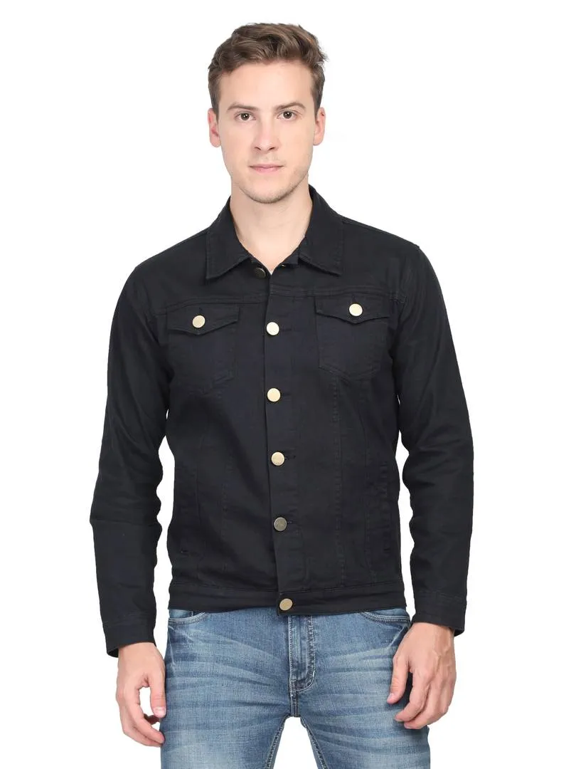 Men's Black Denim Long Sleeves Solid  Jackets