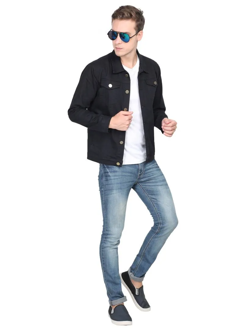 Men's Black Denim Long Sleeves Solid  Jackets