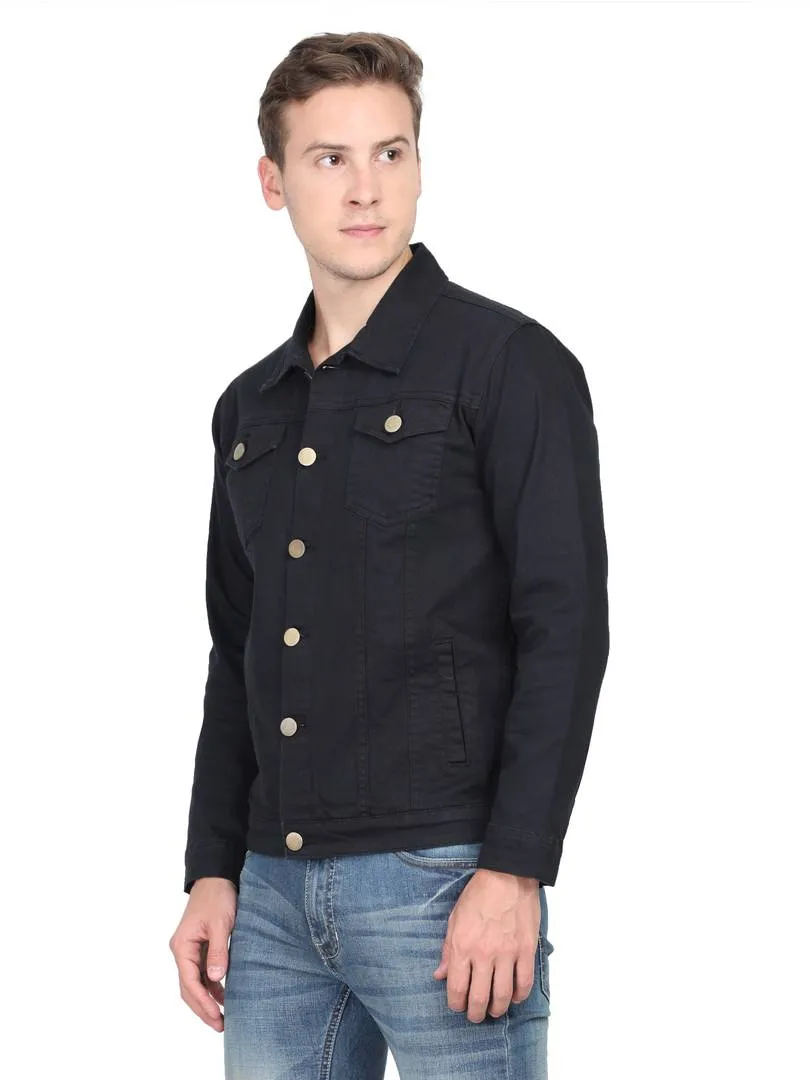 Men's Black Denim Long Sleeves Solid  Jackets