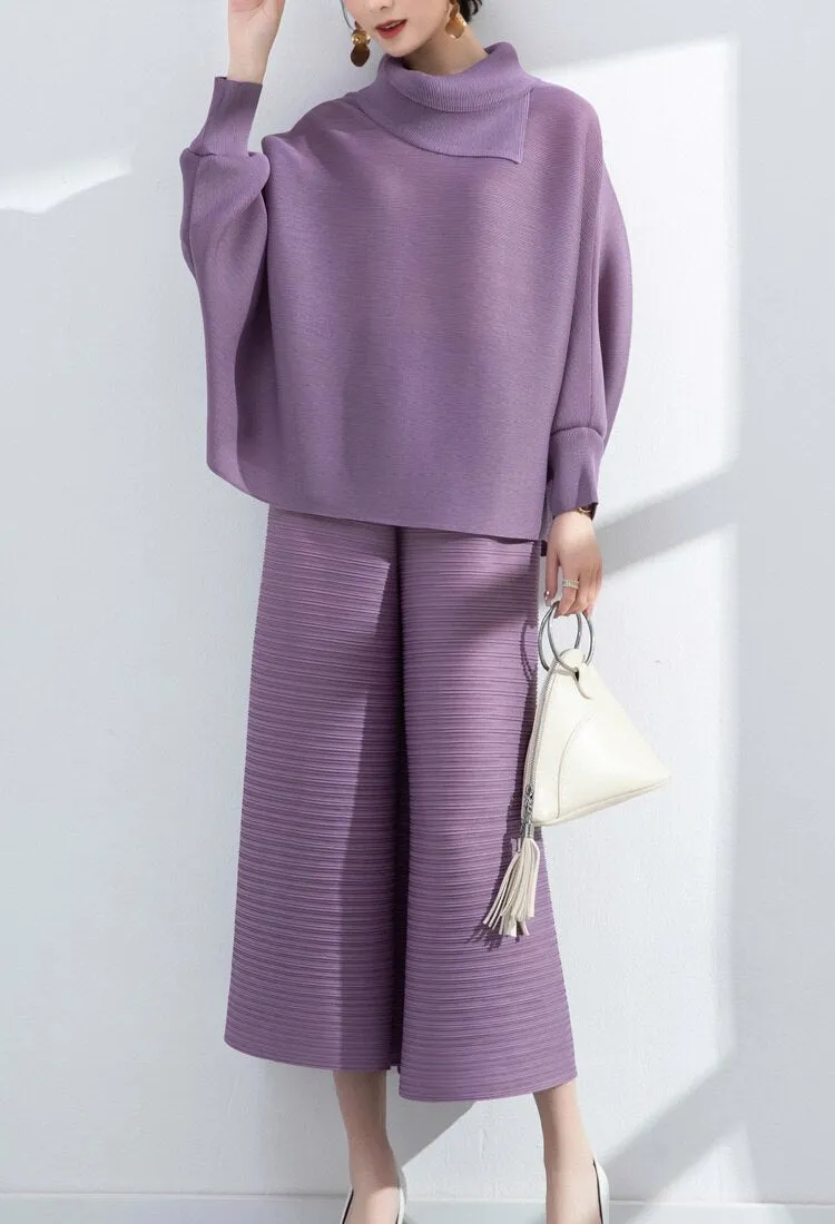 Miyake Pleated Long Sleeve Top and  Wide Leg Pants Set