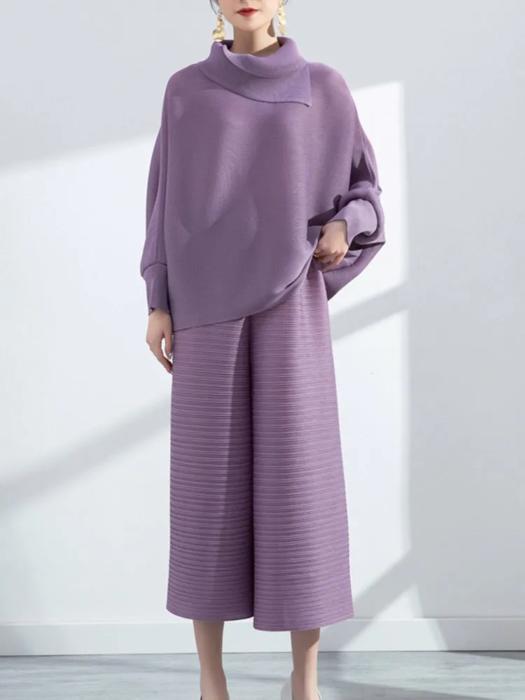 Miyake Pleated Long Sleeve Top and  Wide Leg Pants Set