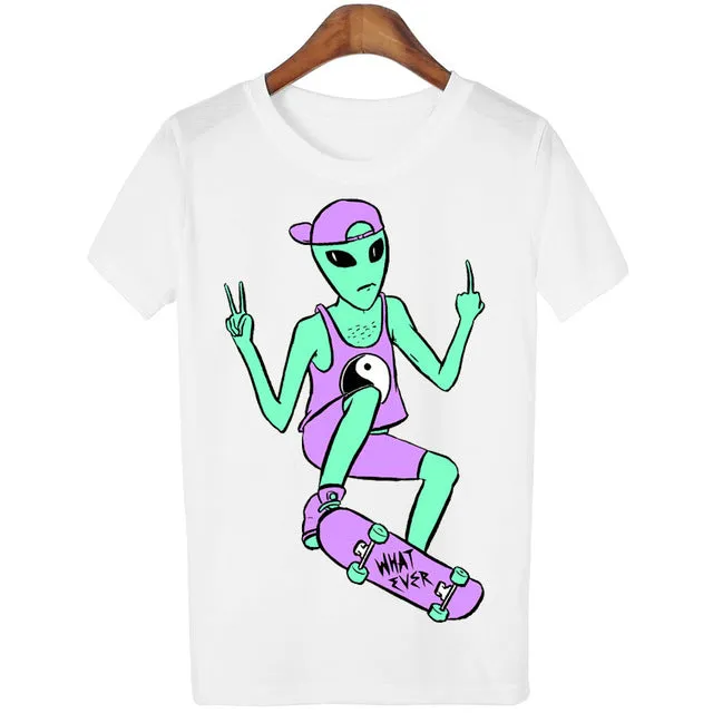 New Women Tshirt 18 Style Smoking Alien Print Funny Casual ET T-shirt For Lady White Plus Size Top Tees Hipster