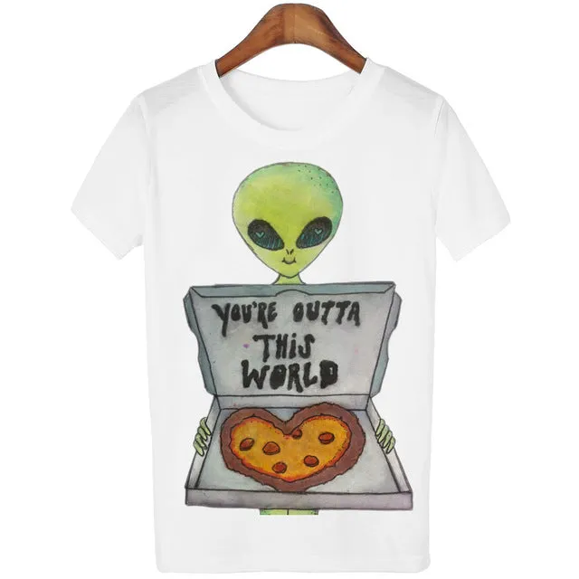 New Women Tshirt 18 Style Smoking Alien Print Funny Casual ET T-shirt For Lady White Plus Size Top Tees Hipster