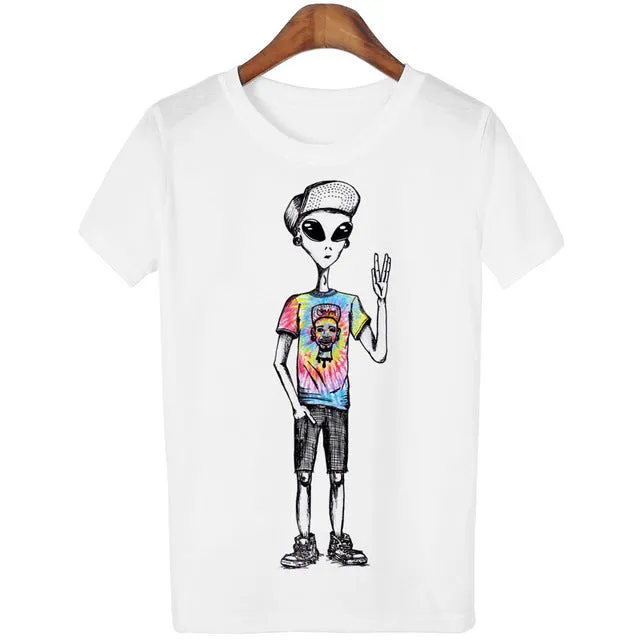 New Women Tshirt 18 Style Smoking Alien Print Funny Casual ET T-shirt For Lady White Plus Size Top Tees Hipster