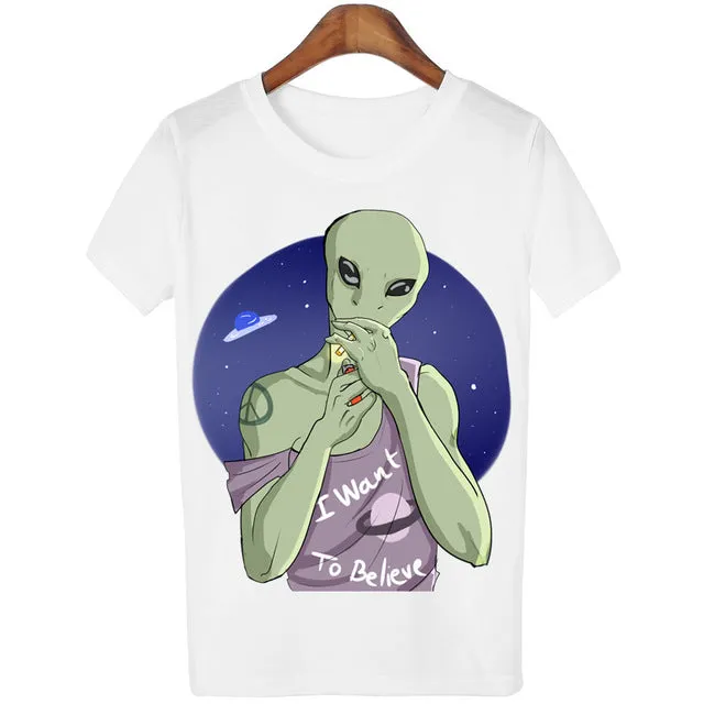 New Women Tshirt 18 Style Smoking Alien Print Funny Casual ET T-shirt For Lady White Plus Size Top Tees Hipster