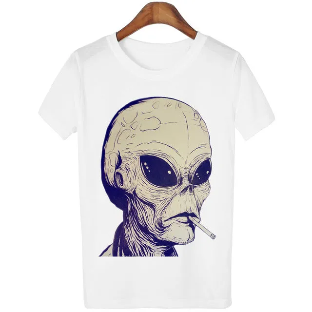 New Women Tshirt 18 Style Smoking Alien Print Funny Casual ET T-shirt For Lady White Plus Size Top Tees Hipster