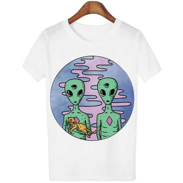 New Women Tshirt 18 Style Smoking Alien Print Funny Casual ET T-shirt For Lady White Plus Size Top Tees Hipster