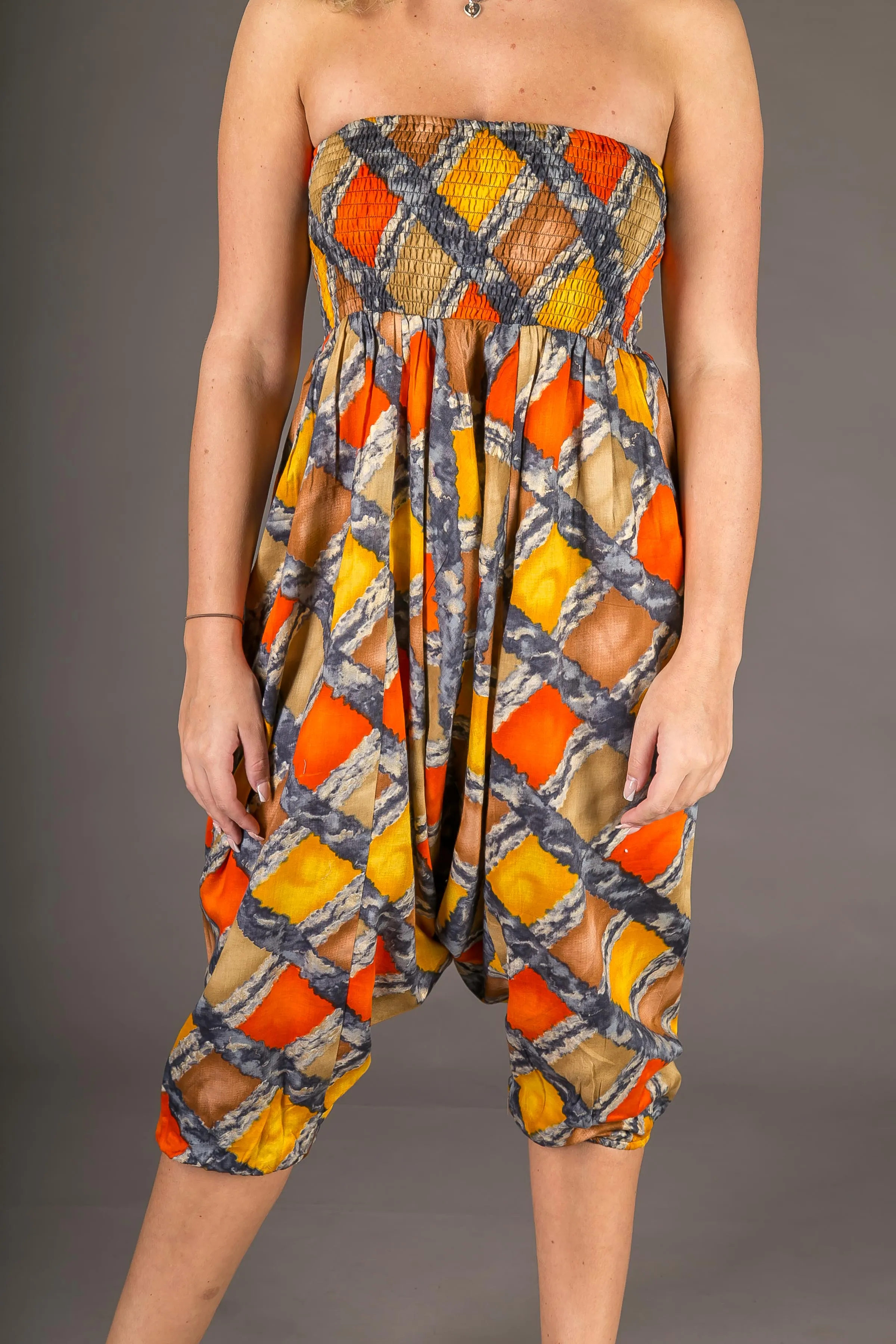 Orange Yellow Squares Print Cotton Harem Yoga Jumpsuit Pants