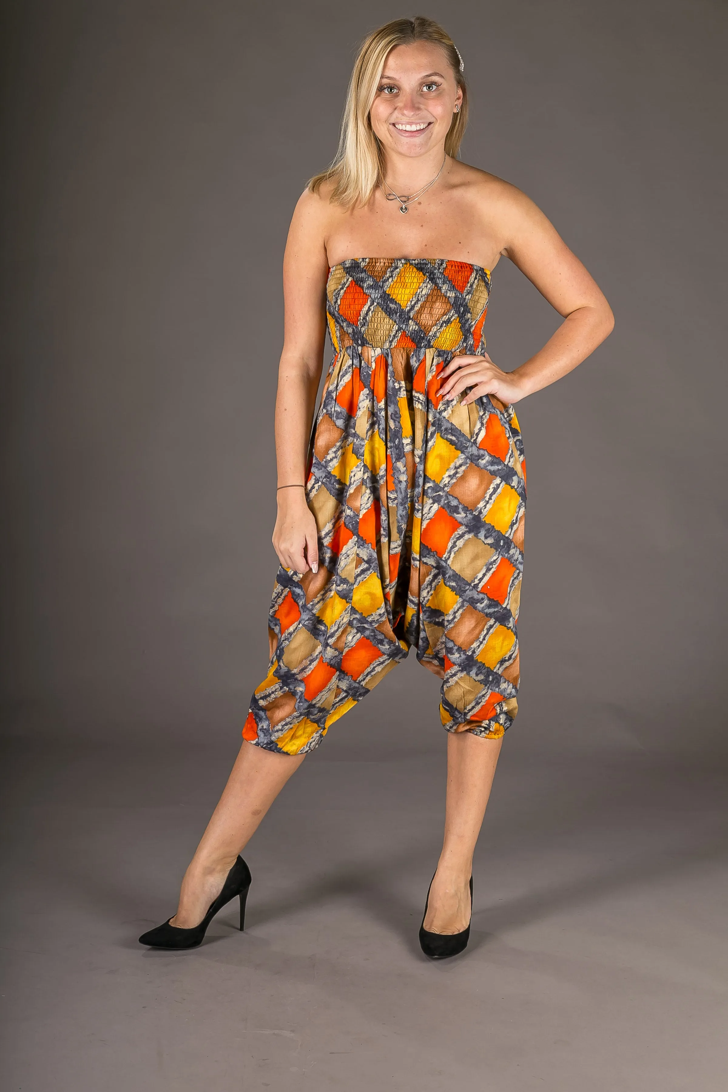 Orange Yellow Squares Print Cotton Harem Yoga Jumpsuit Pants