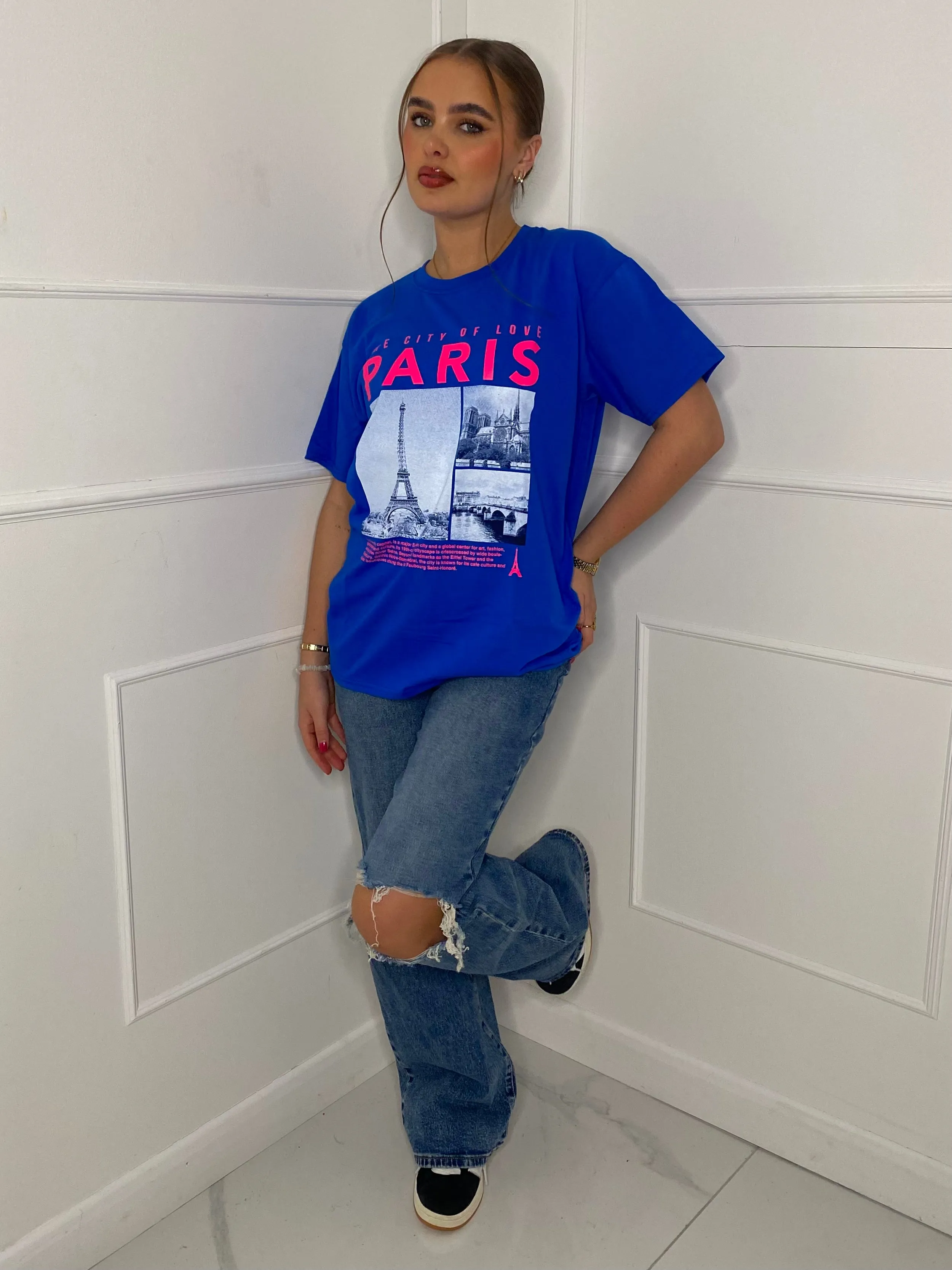 Paris Eiffel Tower Print T-shirt- Royal Blue