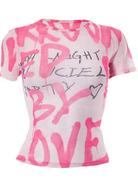 Pink Graffiti Print Mesh Top