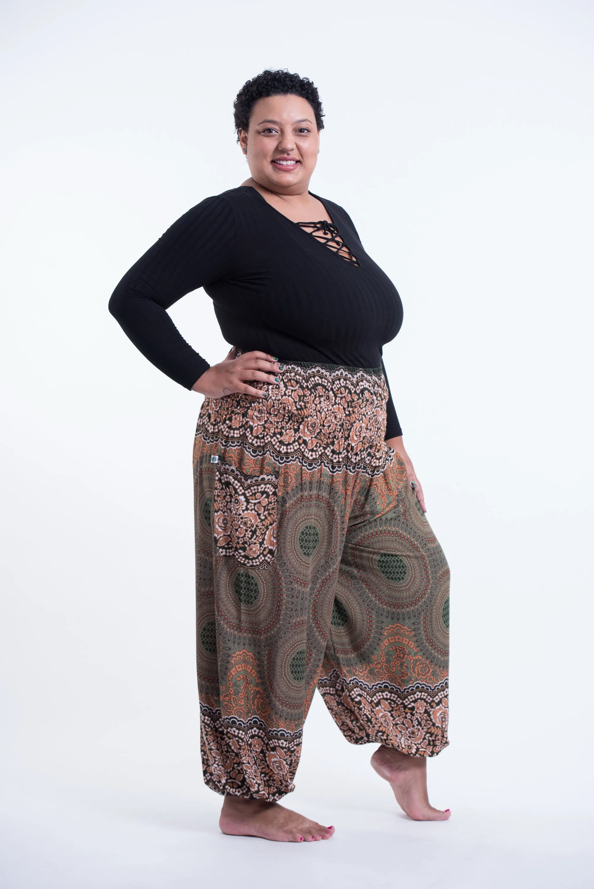 Plus Size Geometric Mandalas Unisex Harem Pants in Olive