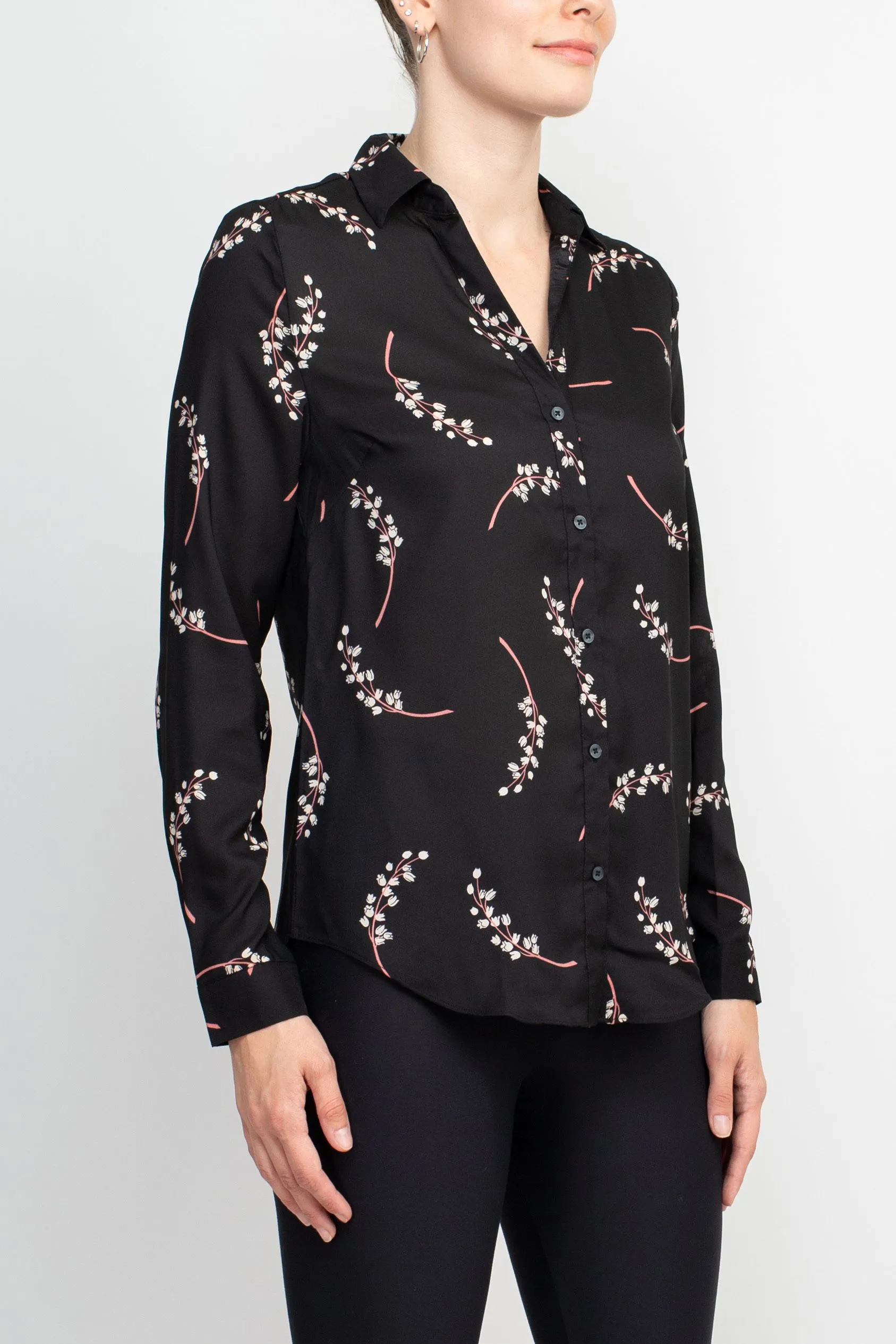 Premise Collar Neck Button Detail Long Sleeve Printed Crepe Top