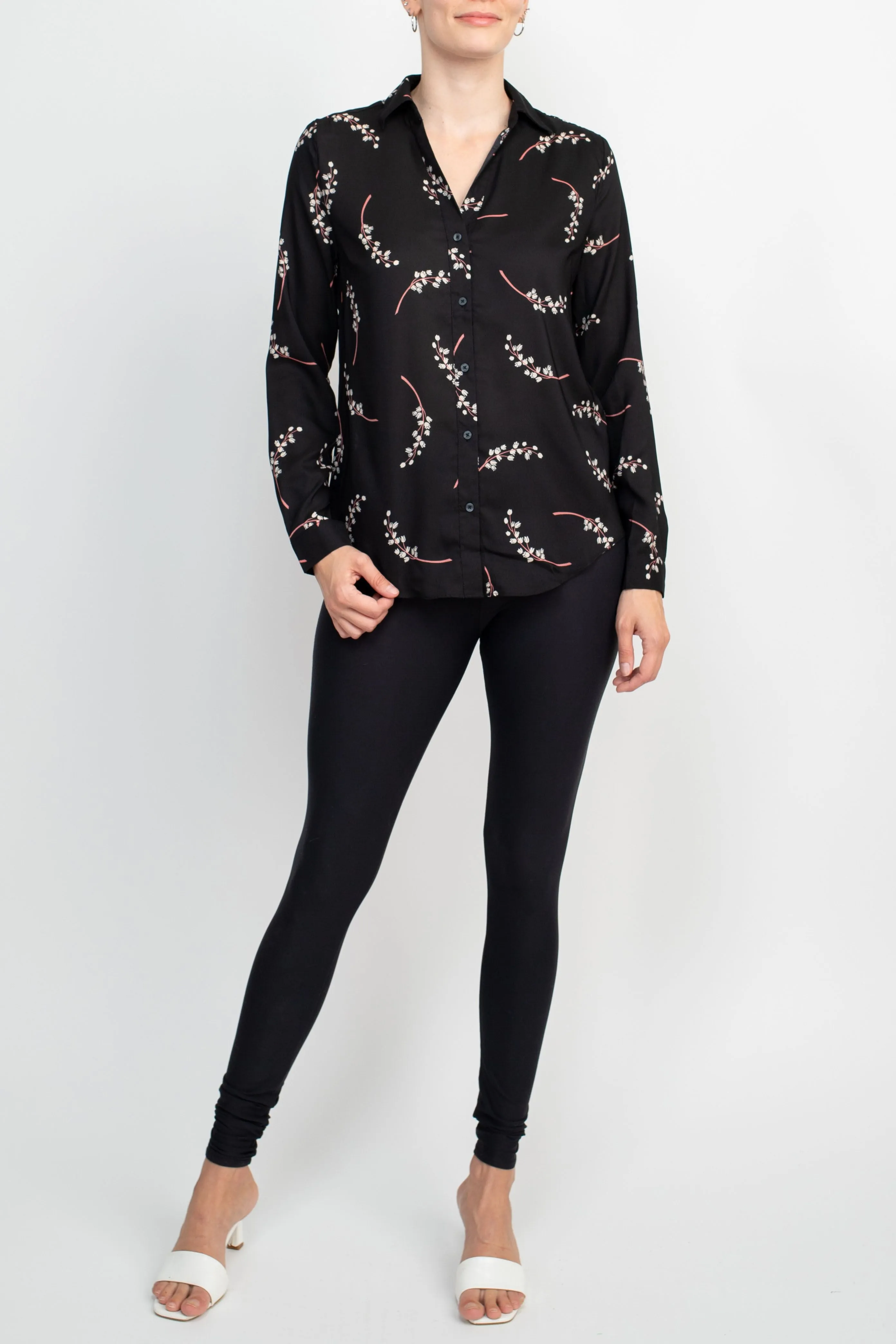 Premise Collar Neck Button Detail Long Sleeve Printed Crepe Top