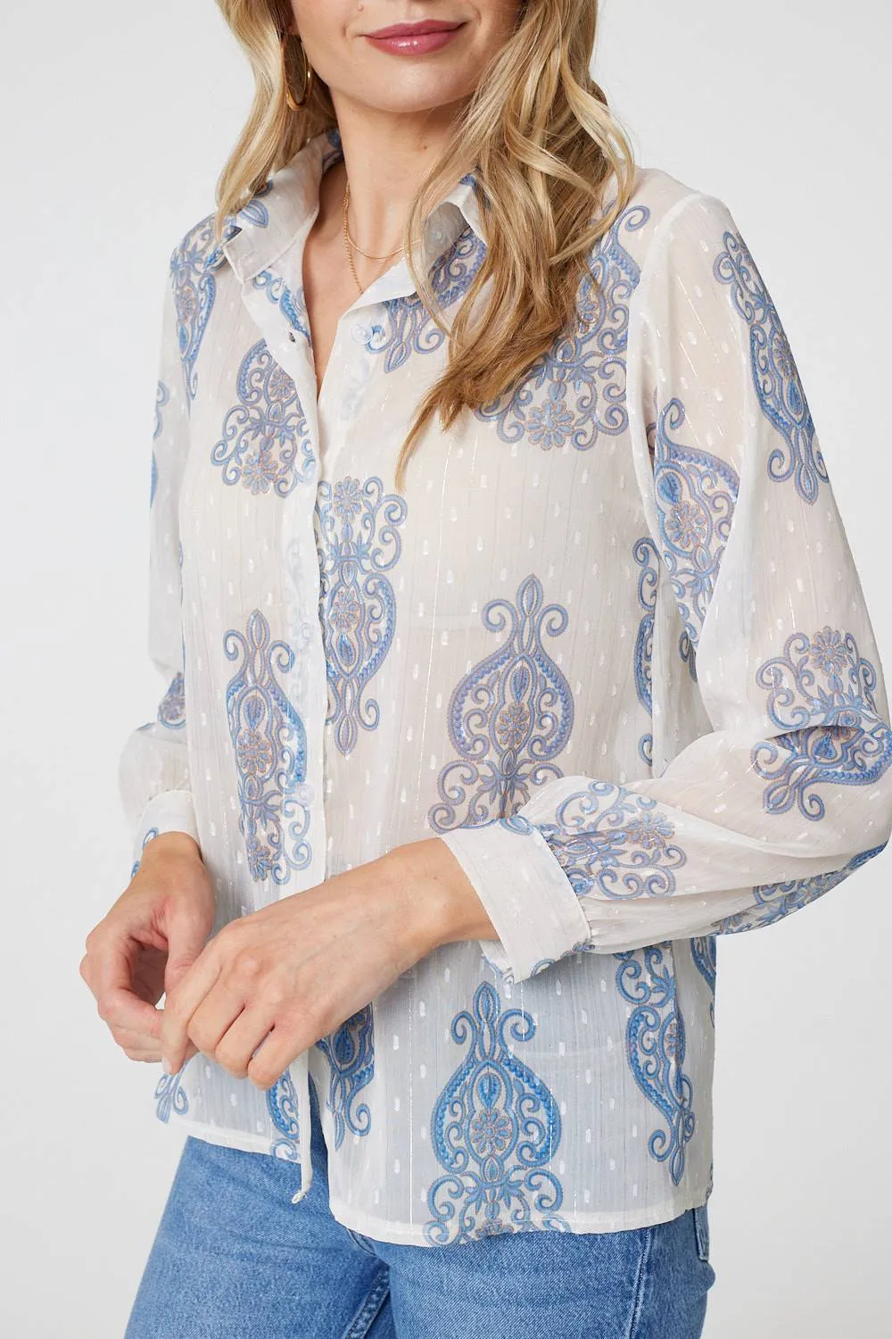 Printed Button Down Tie Front Shirt