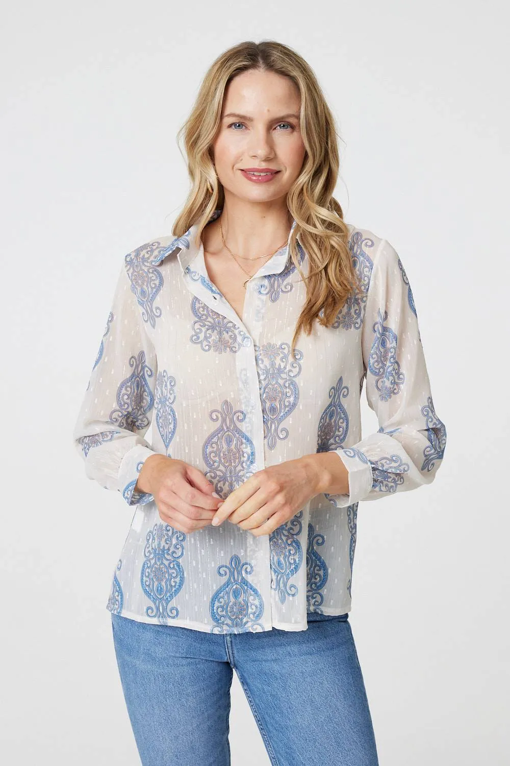 Printed Button Down Tie Front Shirt