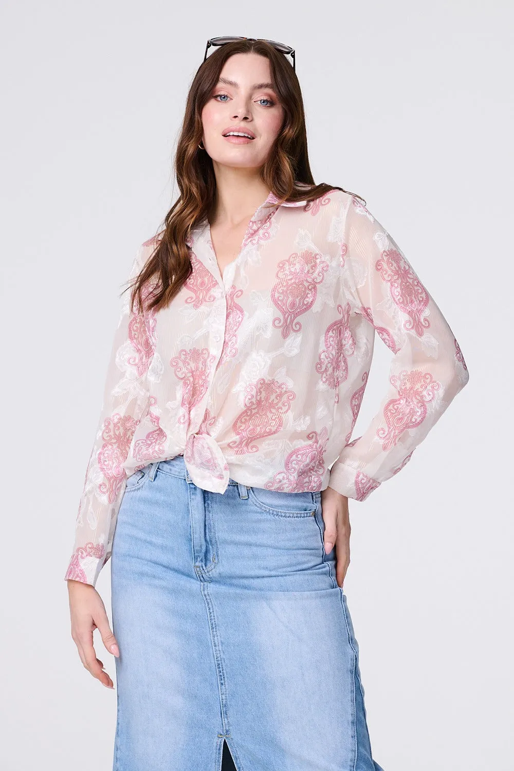 Printed Button Down Tie Front Shirt