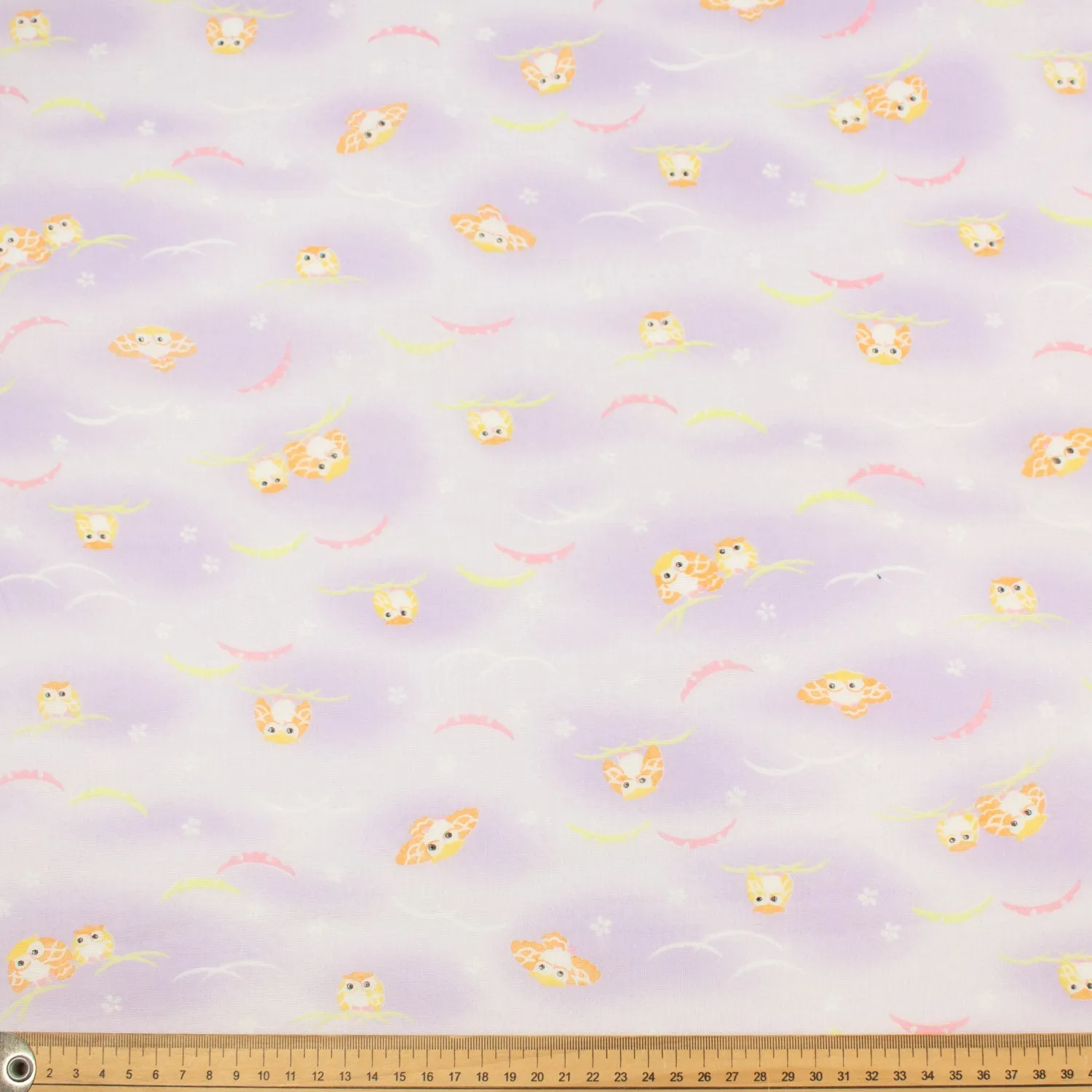 Printed Cotton Voile Design-75 Orange Owls on Lilac