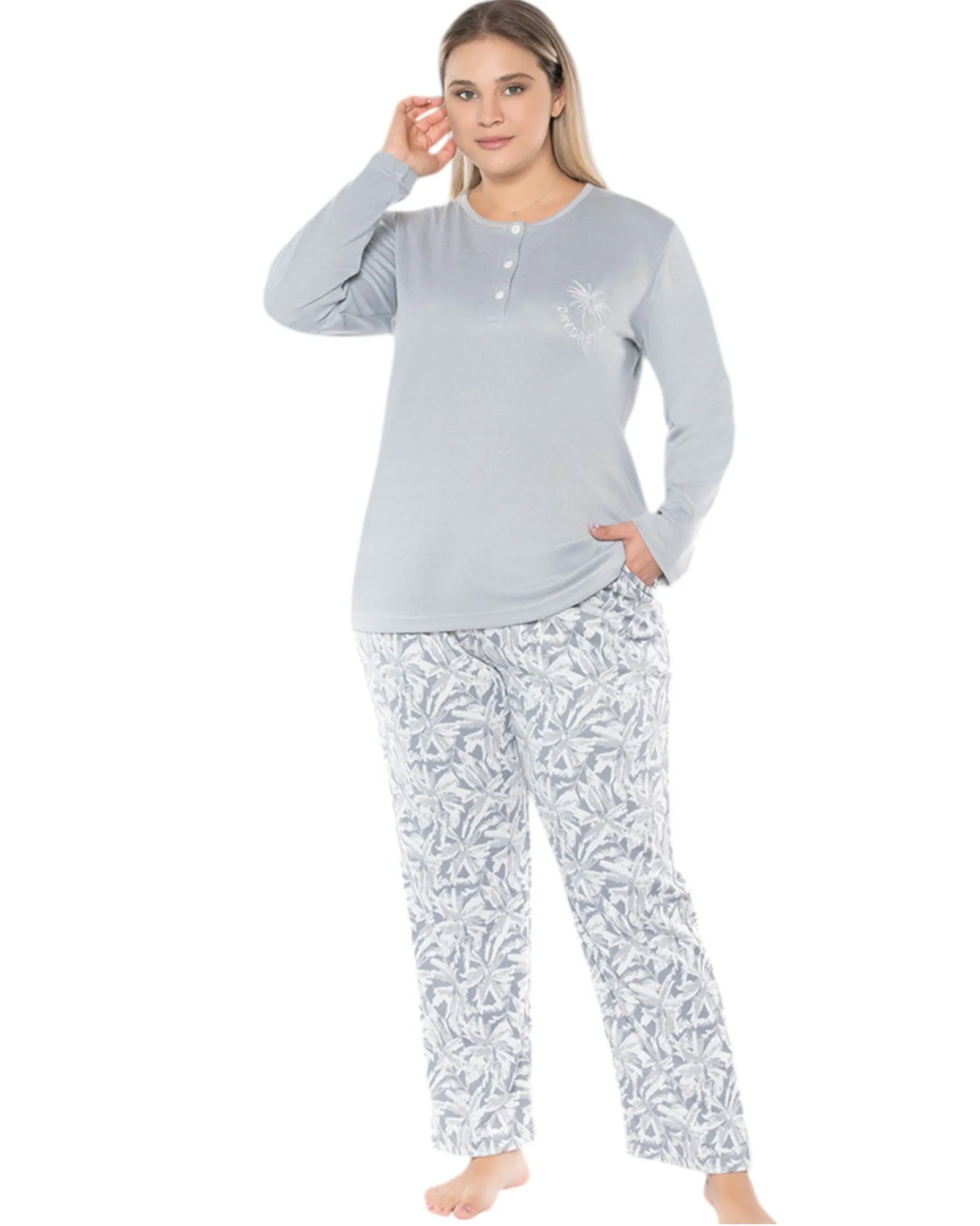 Relaxed Style Long Printed Pants and Long Sleeve Top