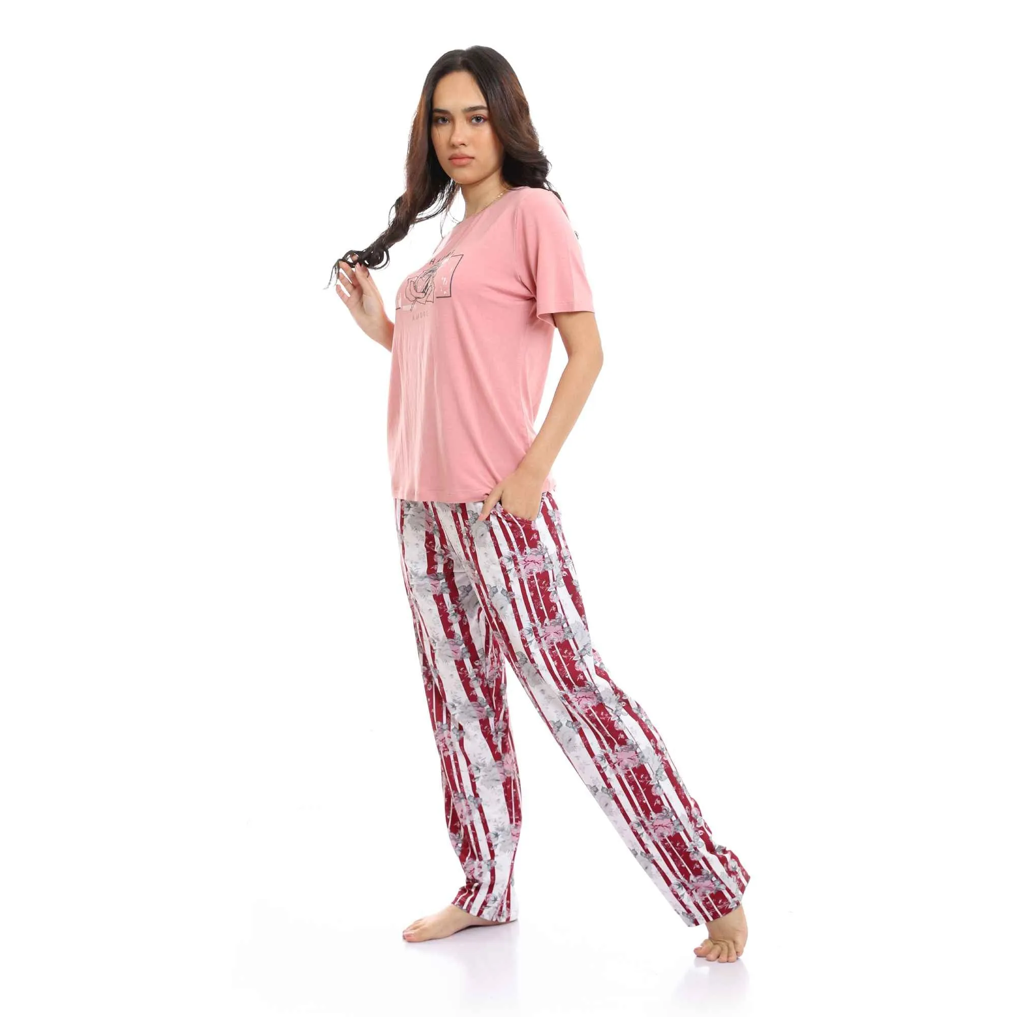 Round Neck Tee & Patterned Pants Pajama Set - Pink & White