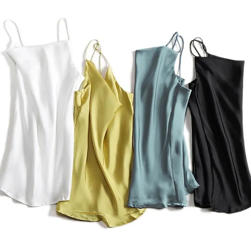 Satin Spaghetti Strap Camisole - High-Stretch Grosgrain Fabric - Silk Polyester Blend