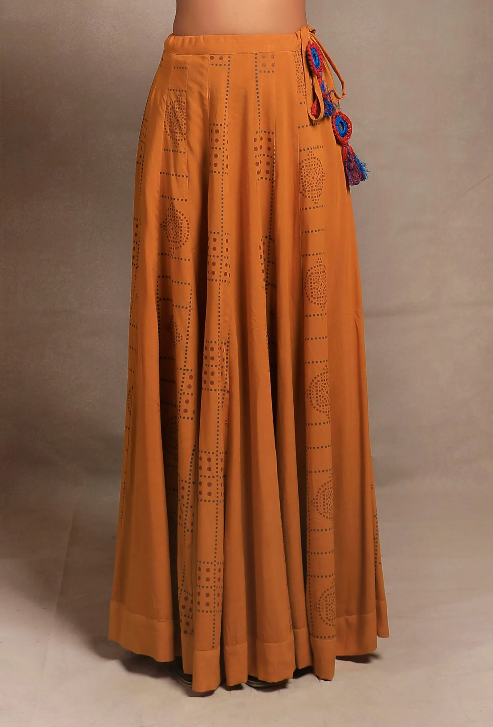 Set of 2: Mustard Yellow Hand Block Printed Kalidar Long Skirt with Mustard Yellow Front Open Asymmetrical Top