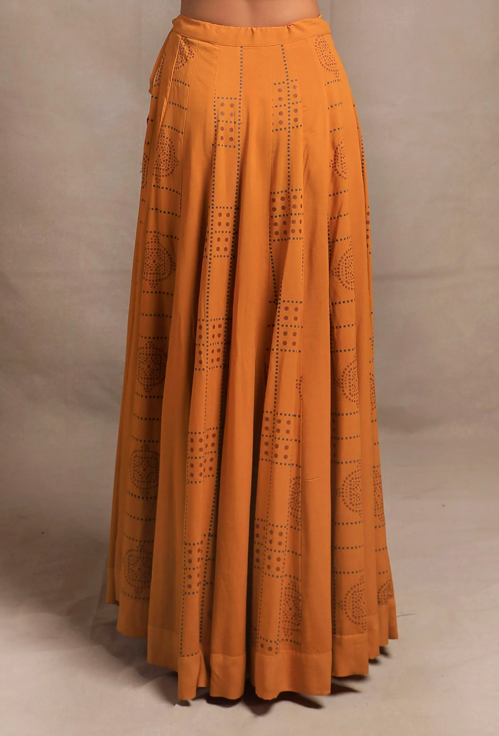 Set of 2: Mustard Yellow Hand Block Printed Kalidar Long Skirt with Mustard Yellow Front Open Asymmetrical Top