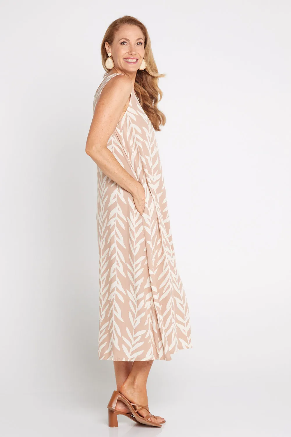 Sienna Sleeveless Midi Dress - Beige Botanical