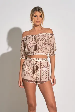 The Jen off the shoulder top-Brown print