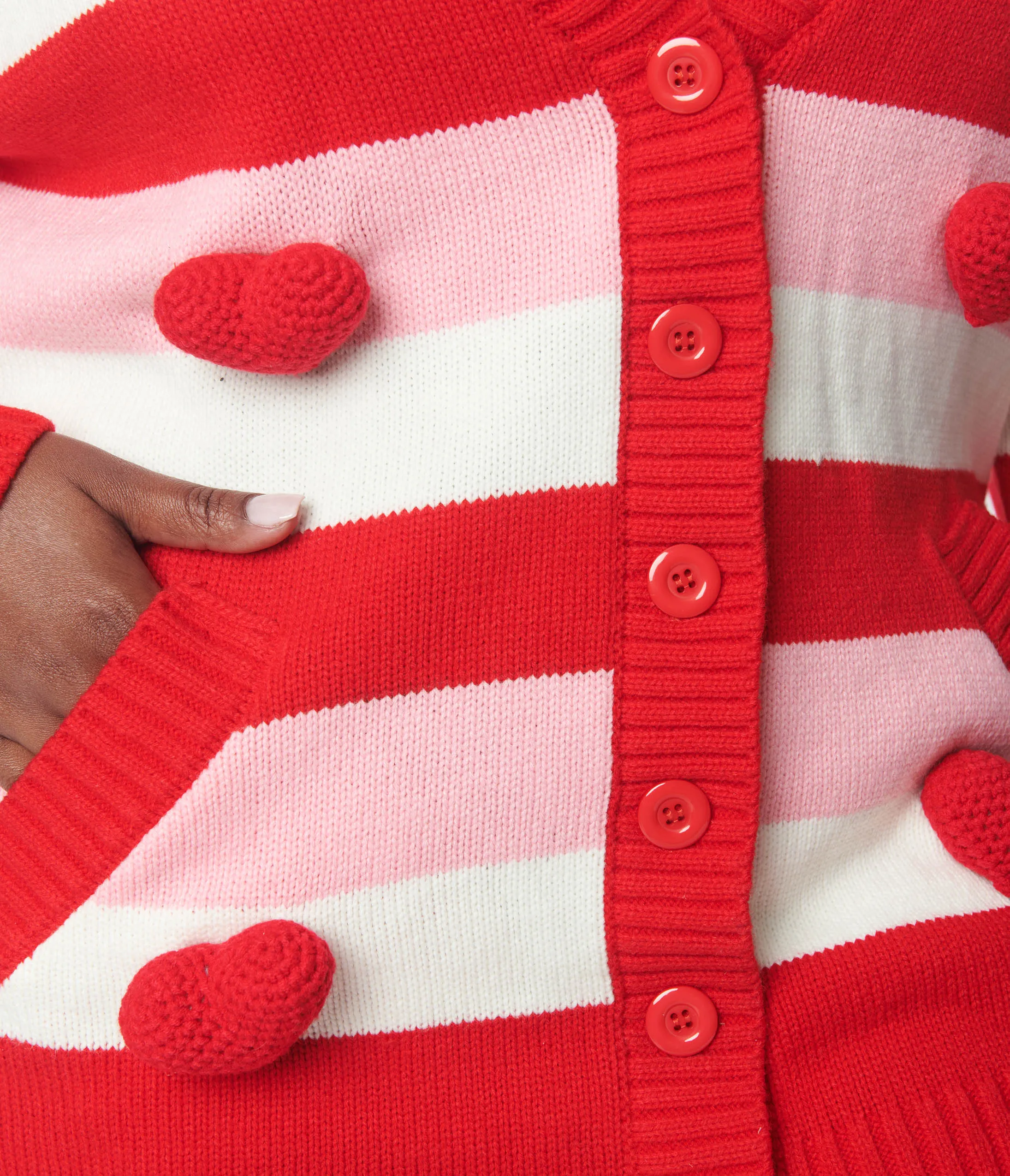 Unique Vintage Plus Size Pink & Red Striped Crochet Hearts Cardigan