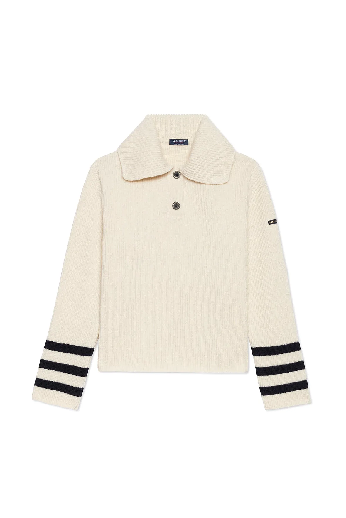 VANOISE - Button-Down Collar Sweater with Flared Long Sleeves | 100% Wool (IVORY / NAVY)