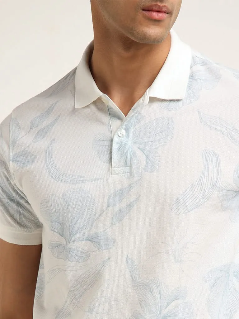 WES Casuals Light Blue Floral Printed Slim Fit T-Shirt