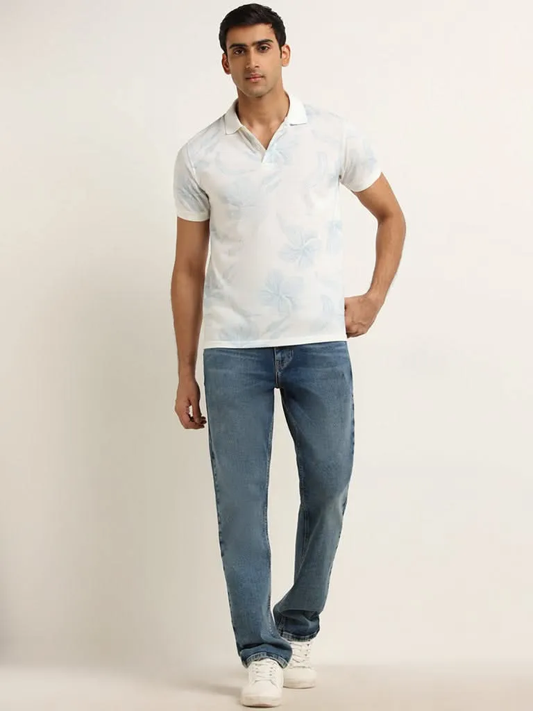 WES Casuals Light Blue Floral Printed Slim Fit T-Shirt