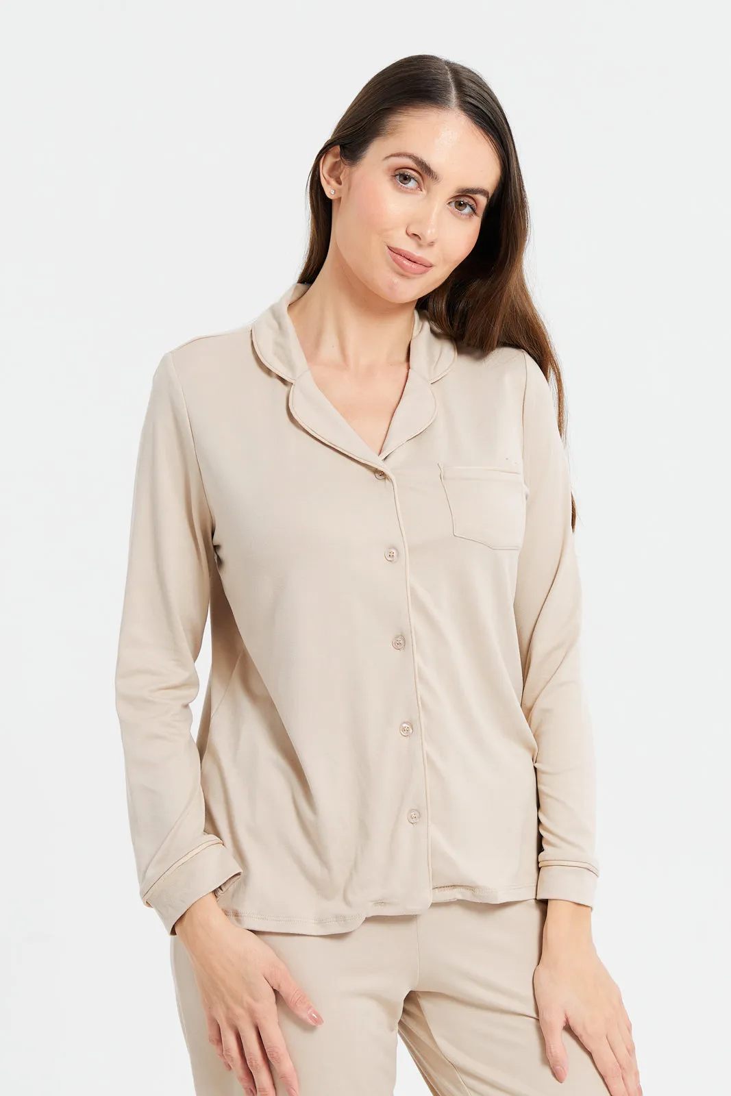 Women Beige Solid Classic Pajama Set (2 Piece)