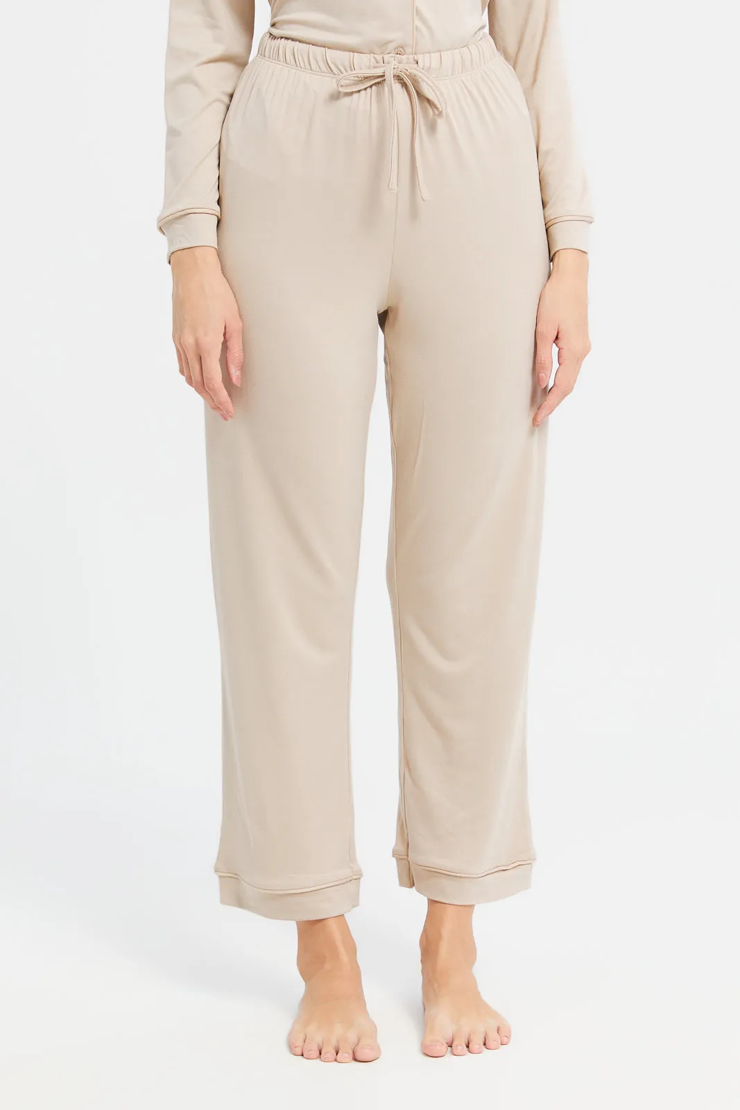 Women Beige Solid Classic Pajama Set (2 Piece)