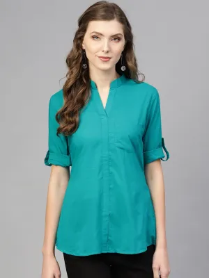 Women Blue Solid Shirt Style Top