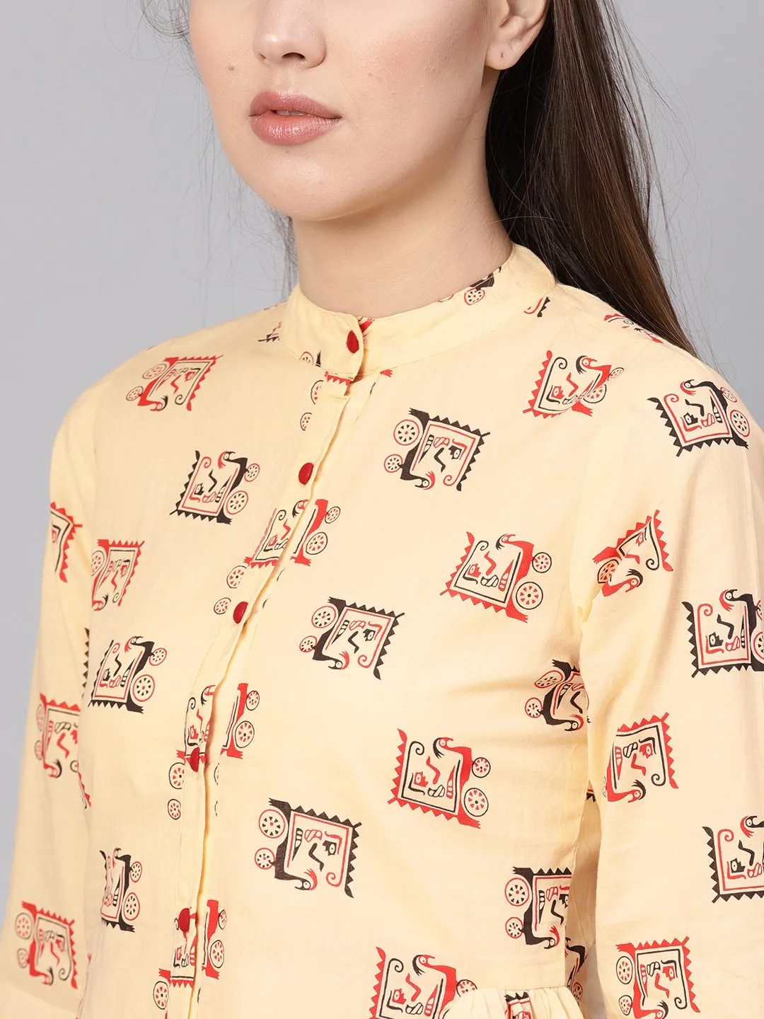 Women Cream-Coloured & Red Printed Shirt Style Top