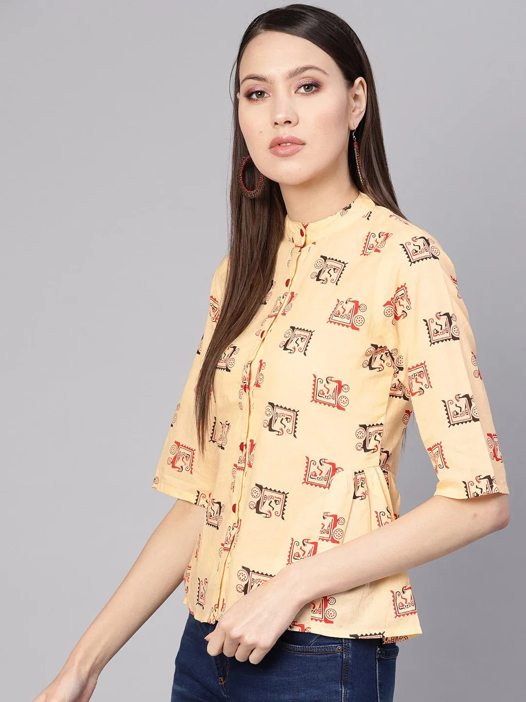 Women Cream-Coloured & Red Printed Shirt Style Top