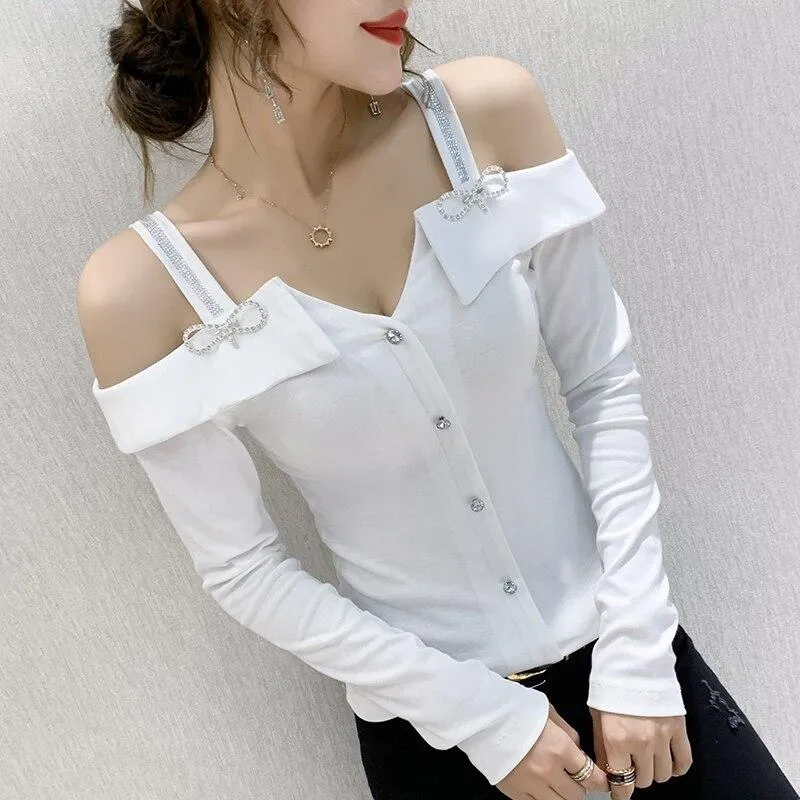 Women Elegant Slim Cut Off The shoulder Rhinestones Design Tops