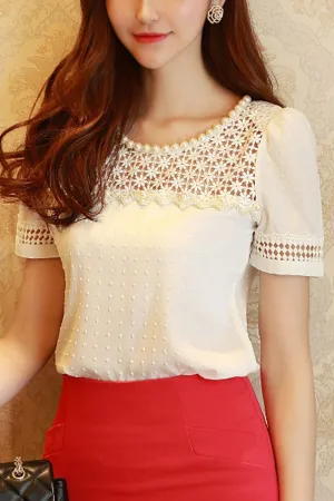 Women Lace Round Neck Short Sleeve Fashion Top - C041ZWSB