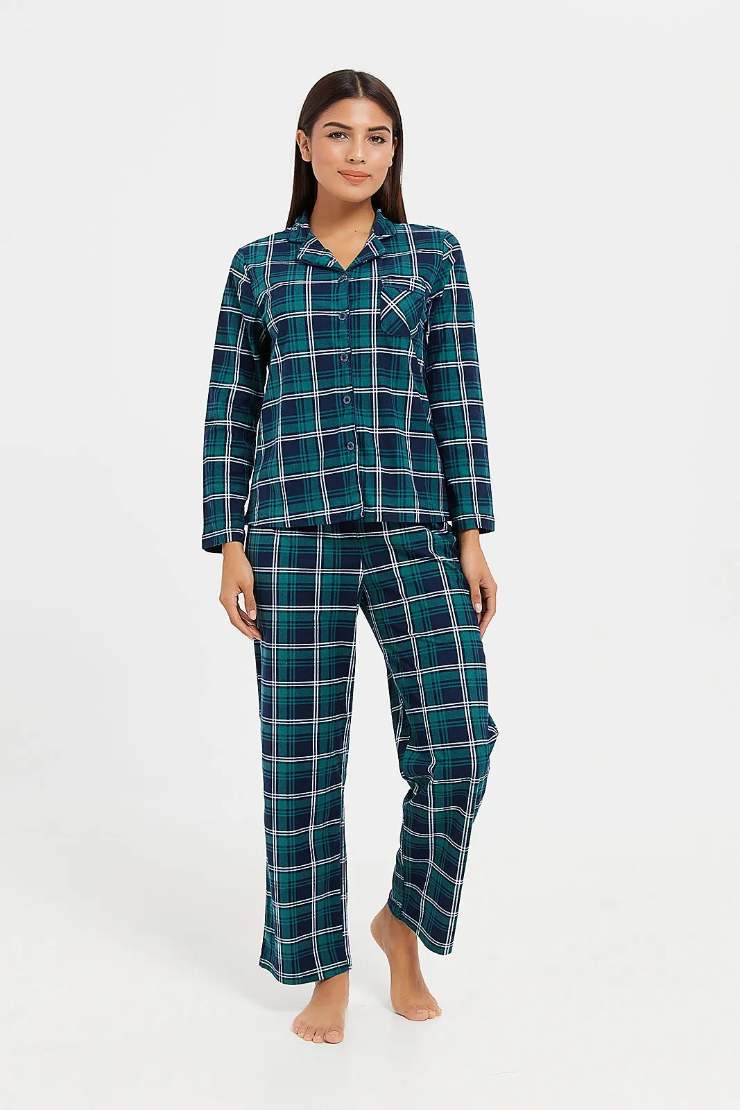 Women Navy And Green Checkered Set (2 Piece)